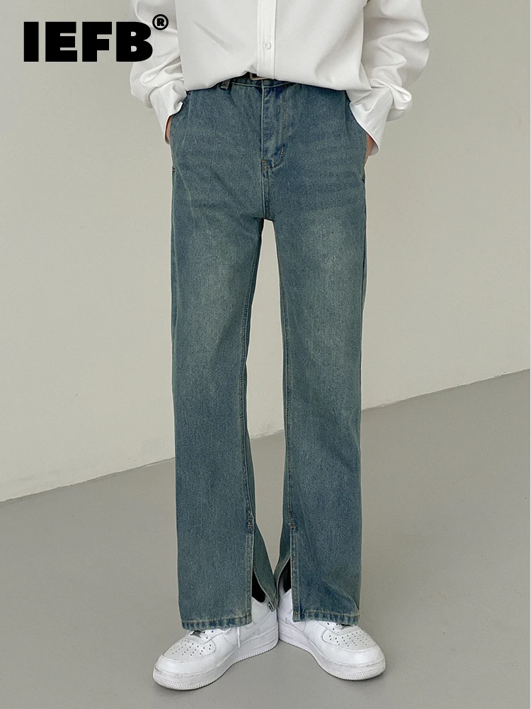 

IEFB Korean Style Retro Blue Slit Simple Slim Thin Male Casual Denim Pants 2023 Autumn New Fashionable Straight Jeans 9A1668