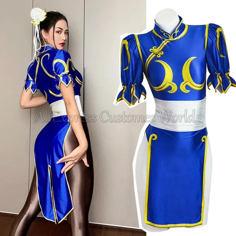 Игра Cheongsam Street Chun Li костюмы для косплея Sutorito Faita синее платье с поясом головные
