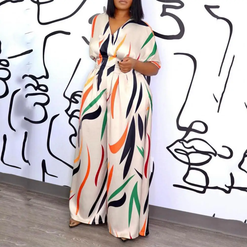 

Women's Jumpsuit 2023 Spring Fashion Abstract Print Casual V-Neck Short Sleeve Wide Leg Daily Long Jumpsuit Y2K Streetwear