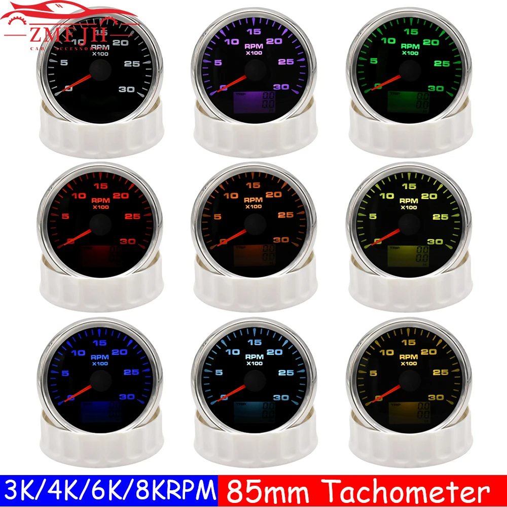 

Auto Marine 85mm Tachometer with LCD TRIP COG KM Miles Hour Meter 8 Color Backlight Tacho Gauge 3K 4K 6K 8K RPM Meter 12V / 24V