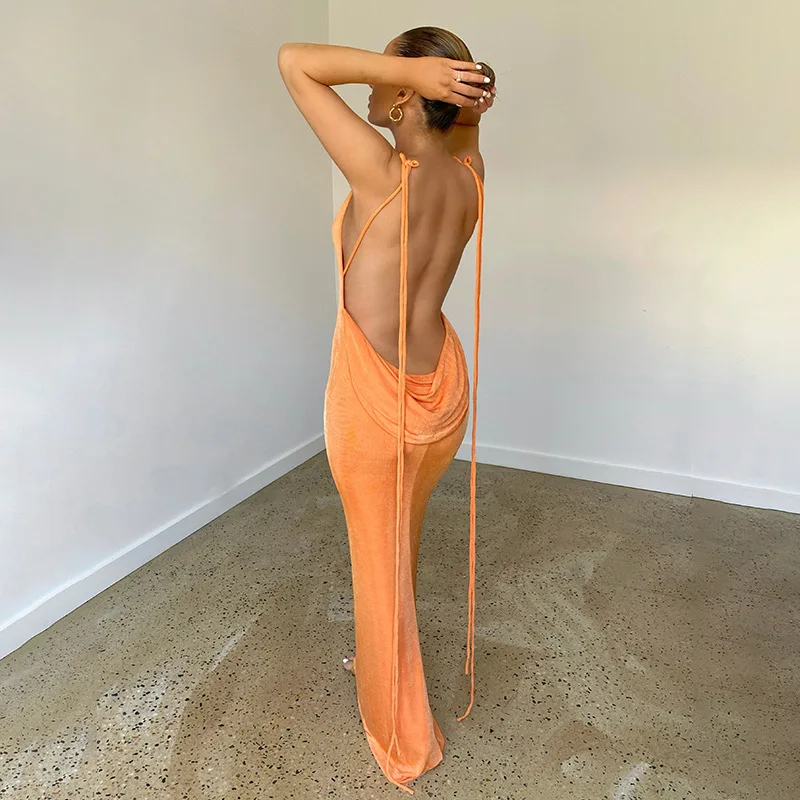 

2023 Lady Slim Fit Evening Club Maxi Sexy Dress Summer Elegant Women Party Clubwear Backless Spaghetti Strap Bodycon Dress H207