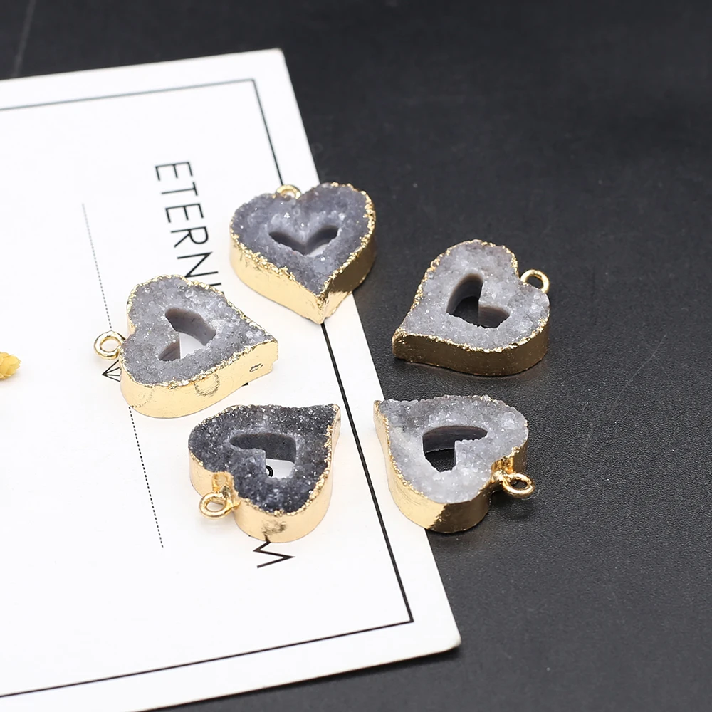 

3pcs Natural Stone Grey Heart Hollow Gilt Edge Pendant For Jewelry Making DIY Necklace Earrings Accessories Gemstone Charms Gift