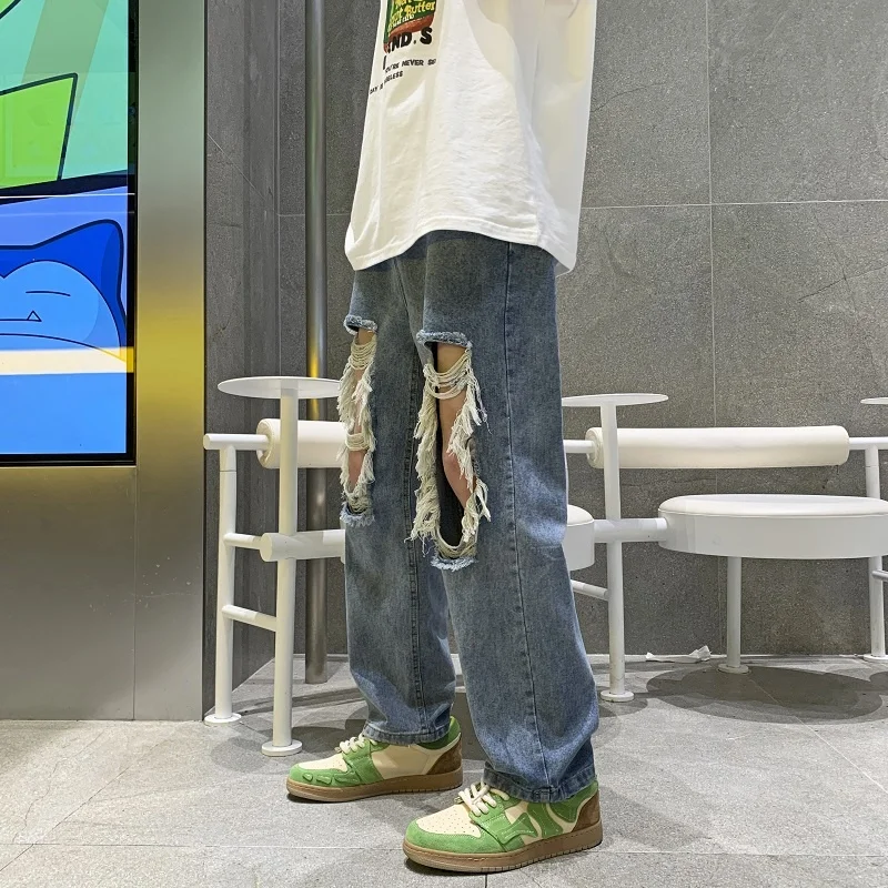 Summer Blue Ripped Jeans Men Fashion Casual Straight Jeans Men Streetwear Loose Hip Hop Hole Denim Pants Mens Trousers S-3XL