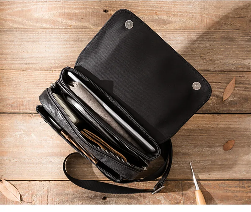 Simple casual designer natural genuine leather men's black messenger bag summer youth daily outdoor real cowhide shoulder bag