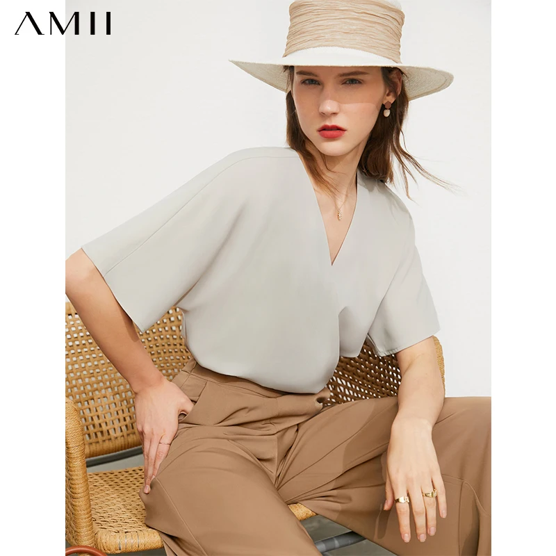 

Amii Minimalism Summer New Women's Blouse Offical Lady Solid Vneck Loose Women's Tops Causal Women's Chiffon Shirt 12140654