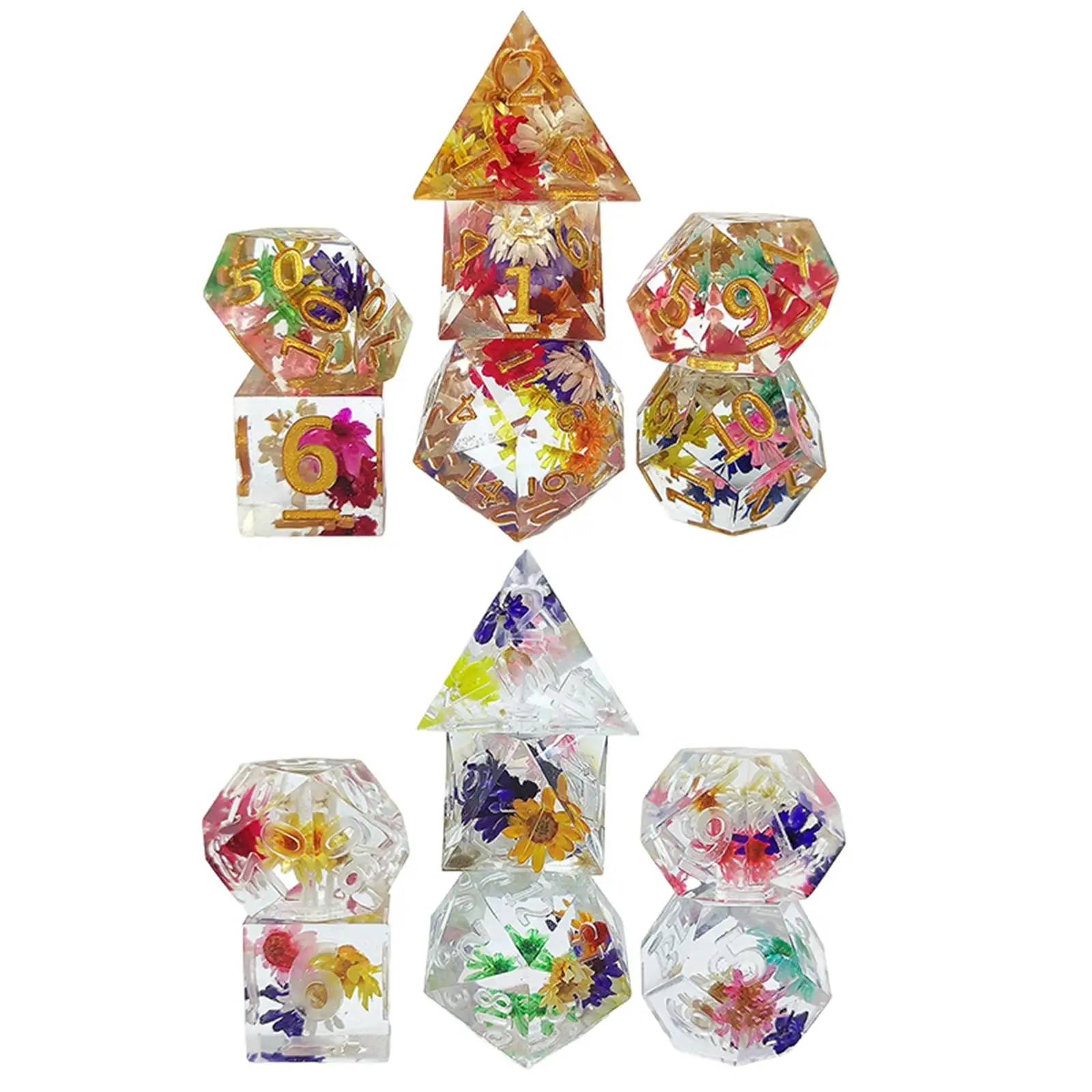

7 Pieces Acrylic Polyhedral Dice D4 D6 D8 2XD10 D12 D20 Built-In Flower Pattern for MTG RPG Table Game Kids Toy Role Playing