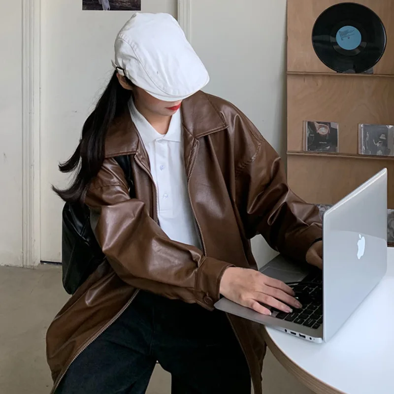 2022Leather Jacket Women's Autumn and Winter New Korean Version of The Retro Hong Kong Style Loose All-Match Brown Jacket Jacket