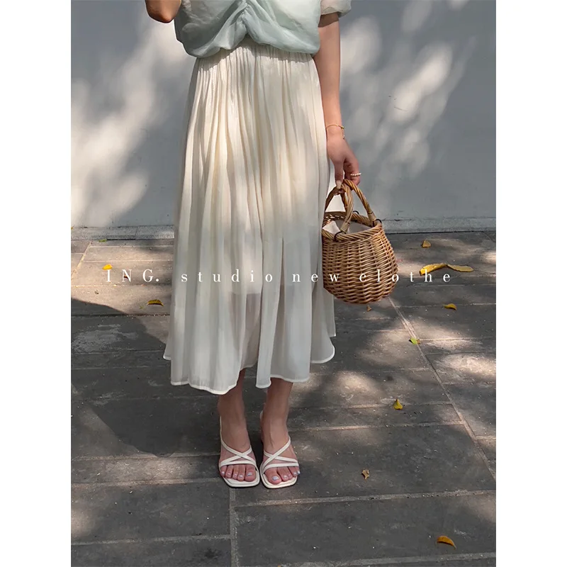

Summer Spring Women Solid Vintage High Elastic Waist Chic Long A-line Boho Chiffon Skirts for Ladies