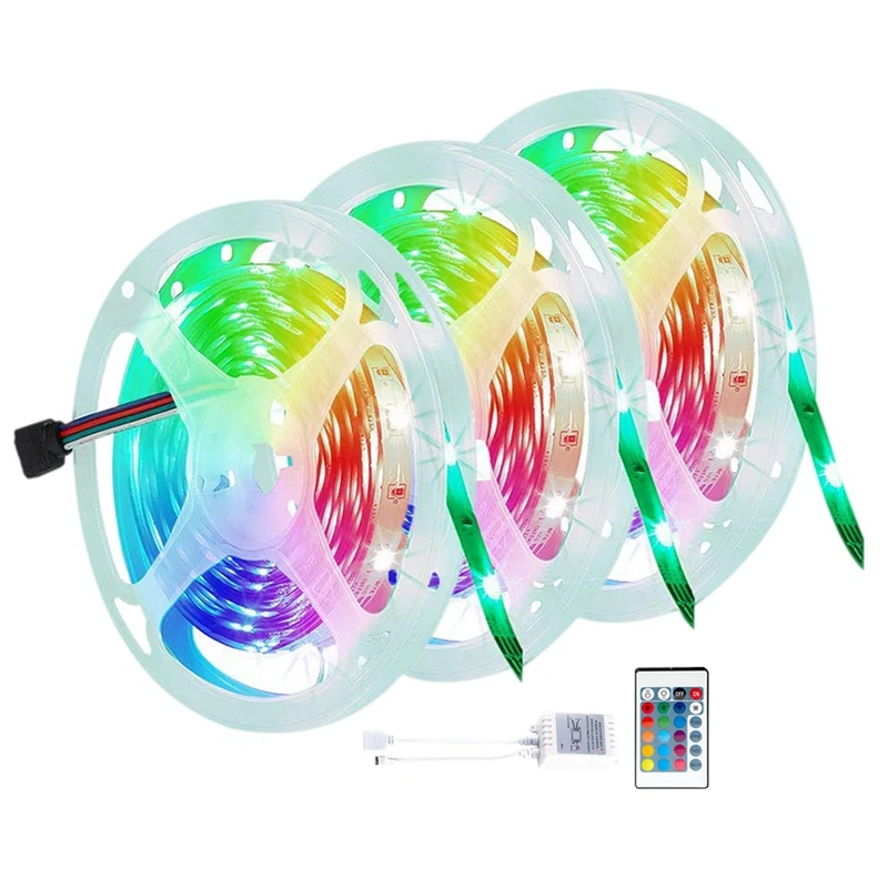 

LED Strips Lights for Bedroom 15M 3528 RGB Mutil Color Flexible Light with 24 Key Remote for Ceiling Yard TV Backlight