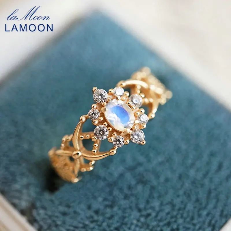 

LAMOON Vintage Natural Moonstone Rings For Women Amethyst Gemstone 925 Sterling Silver Gold Plated Marriage Engagement RI067