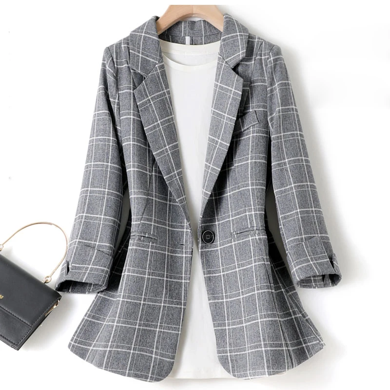 Fashion Blazers Jacket Ladies Plaid Work Office Blazers Ladies Spring and Autumn Casual Three-quarter Sleeve Jacket 2023 New