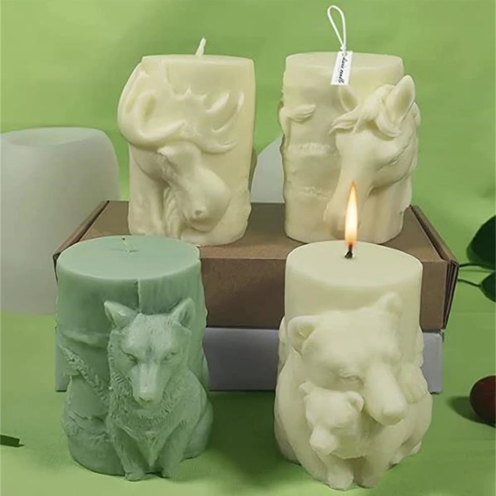 Animal Relief Silicone Candle Mold Wolf Bear Horse Elk Cylindrical Shape  Mold for Handmade Candles Mould for Crafts Home Decor
