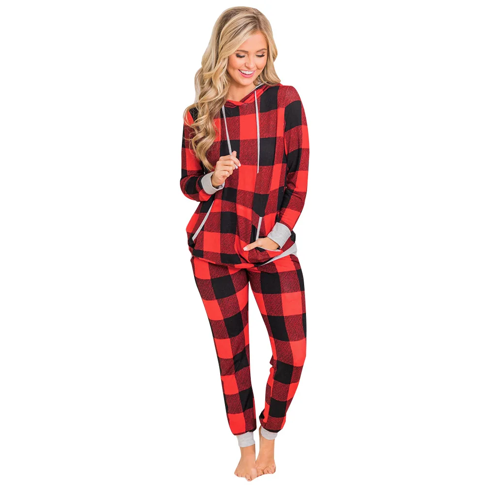 Christmas Plaid Print Hooded Drawstring Big Pocket Long Pants Set Women 2022 Spring Autumn New O Neck Top Pajamas Two Piece Suit