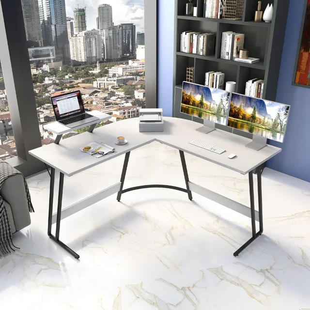 Vineego L-Shaped Computer Desk Modern Corner Desk with Small Table,White 2
