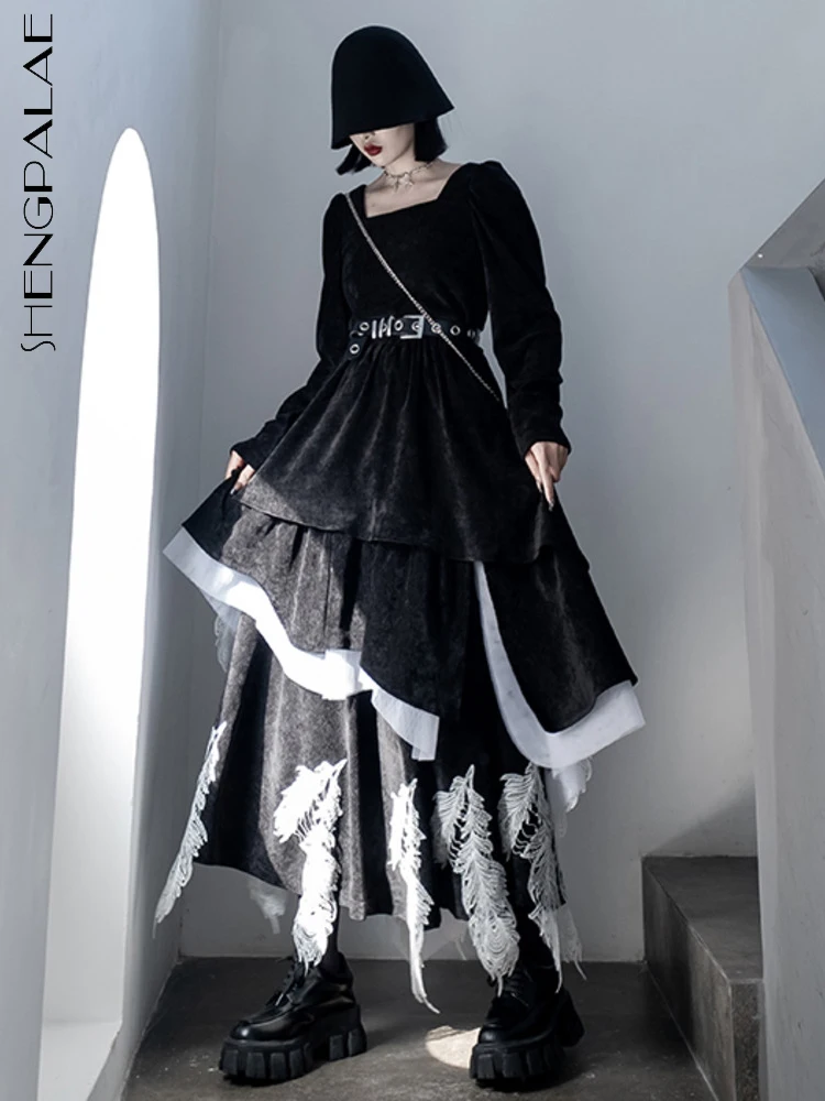 

SHENGPALAE Irregular Dress Women Patchwork Lace Temperament Square Collar Long Sleeve 2022 Autumn Summer Fashion 5SD771