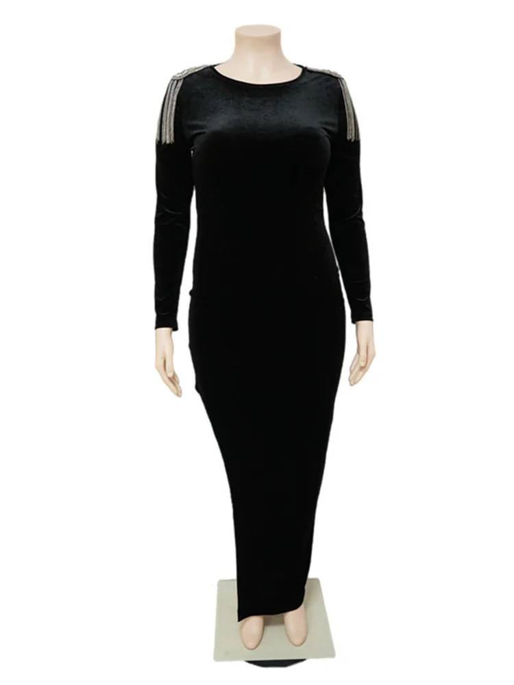Plus Size Women Party Dresses Velvet Hollow Out Sexy Tassel Shoulder Elegant Evening Maxi Dress Wholes 3xl 4xl 5xl 6xl
