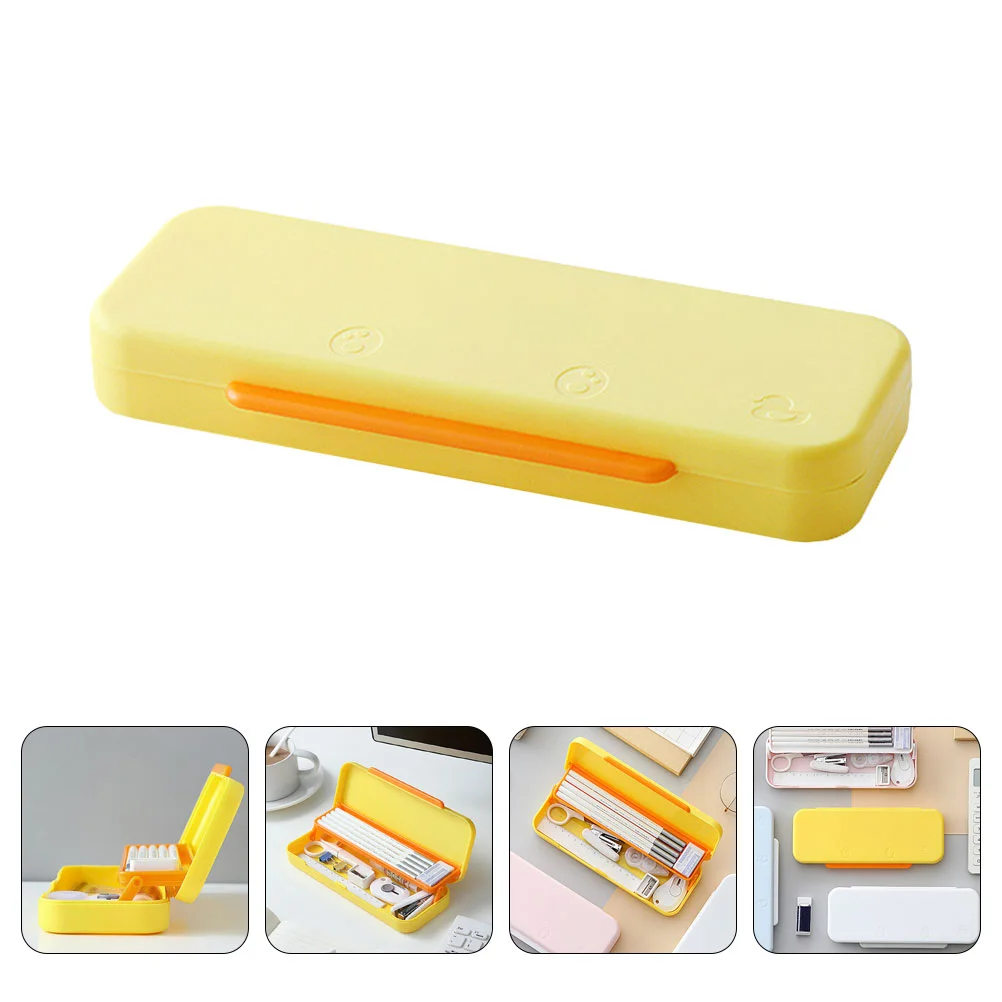 

Pencil Case Plastic Pen Box Double Layer Pencil Case Stationery Storage Box for School (Yellow)