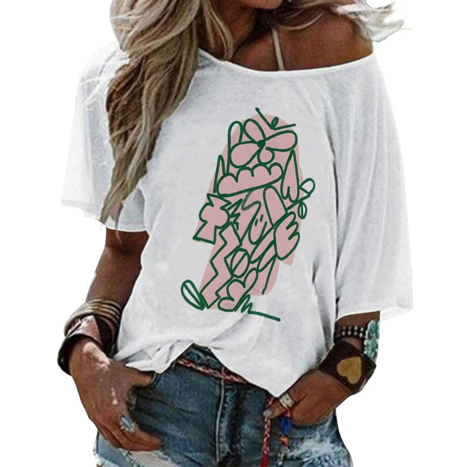 

Women'S Medium Sleeved Straight Neck Short Sleeved Fashionable Oversized American Style Printed T-Shirt Casual Summer 2023