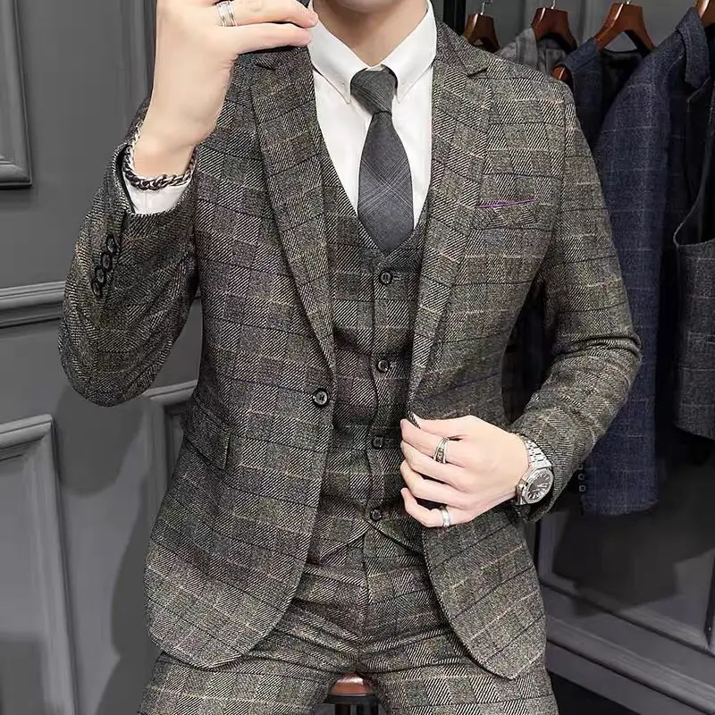 ( Blazer + Vest + Pants ) Men Formal Plaid Suit Social Suit 3 Pcs Set Groom Wedding Mens Suit Male Business Party Slim Fit Suit