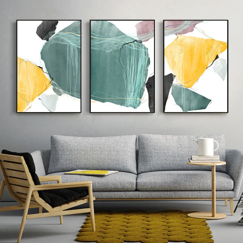 

Nordic Modern Geometric Color Block Art Hand-painted Niche Abstract Living Room Triptych Decorative Painting Canvas