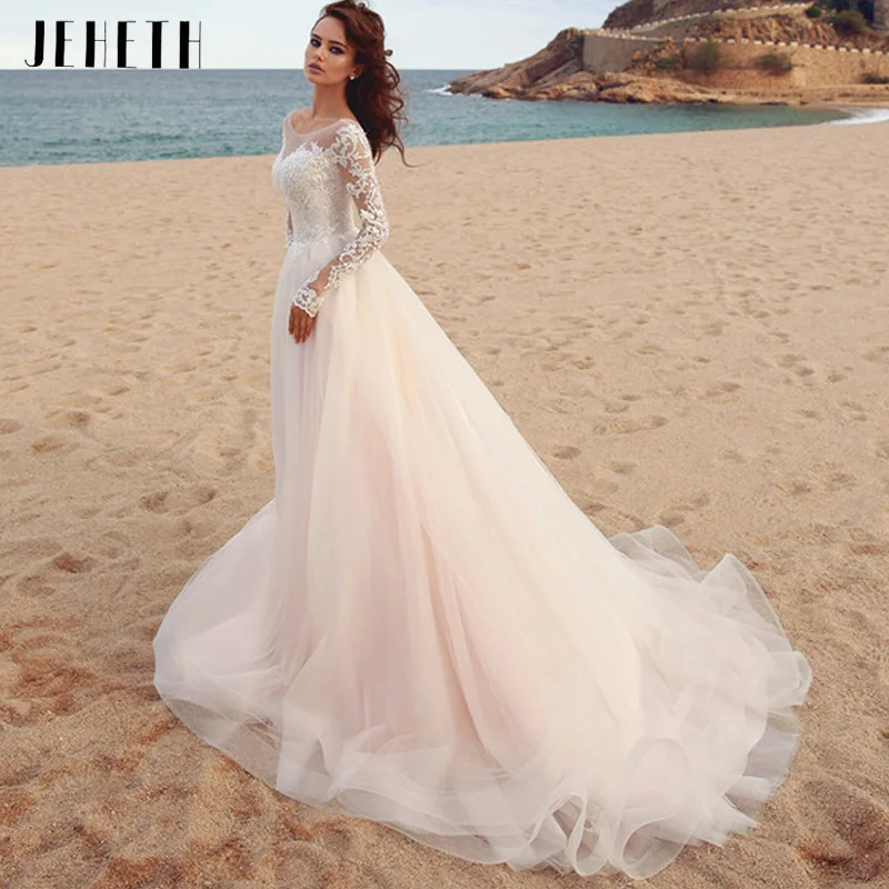 

JEHETH Elegant A-Line Beach Wedding Dress 2023 Charmig Long Sleeves Scoop Neck Tulle Illusion Lace Bride Gowns Sweep Train