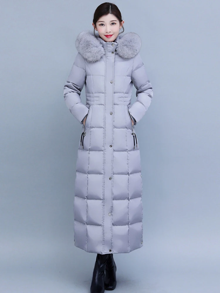 New Women Long Down Coat Winter Fashion Hooded Two-colour Real Fox Fur Collar Thicken Warm Lengthened Down Jacket Slim Overcoat