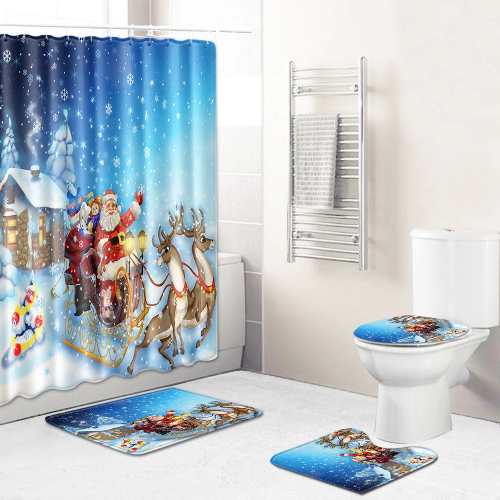 

Christmas Waterproof Shower Curtain Set Xmas Decor Shower Curtain Bath Mat Toilet Pad Set Non-slip Toilet Bathroom Mat Set 4pcs