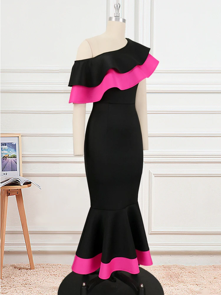 Plus Size Women Mermaid Dress Bodycon One Shoulder Ruffle Black Color Block Midi Robes Elegant African Party Birthday Event Gown