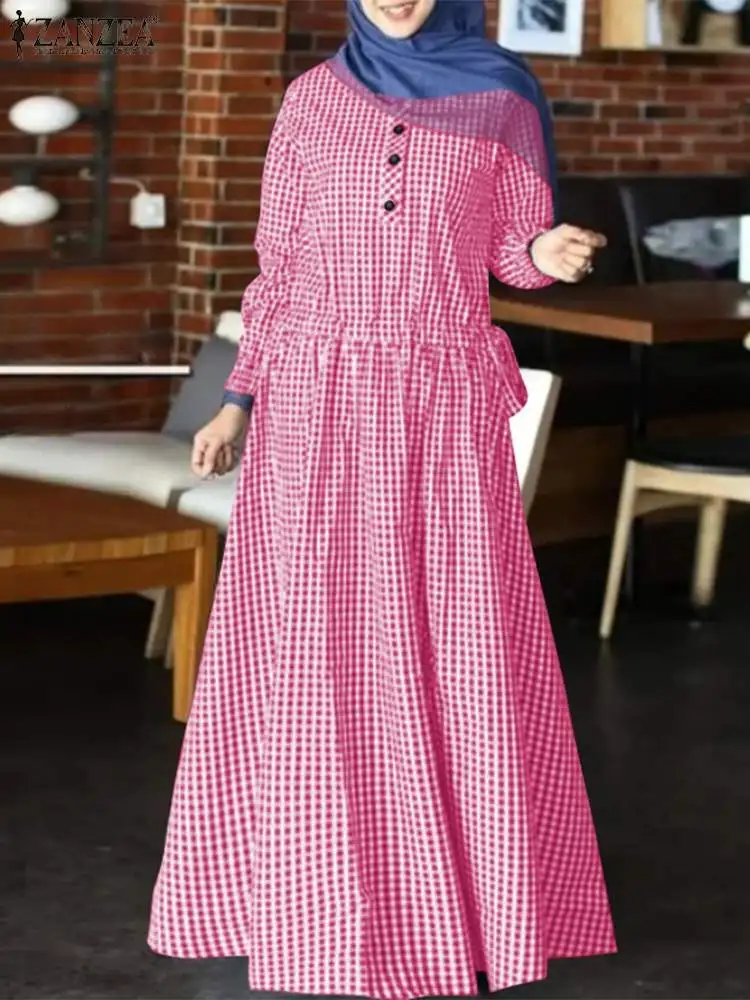 

ZANZEA Grid Printed Full Sleeve O-Neck Sundress Spring Women Muslim Dress Fashion Casual Elegant Abaya Kaftan Maxi Long Vestido