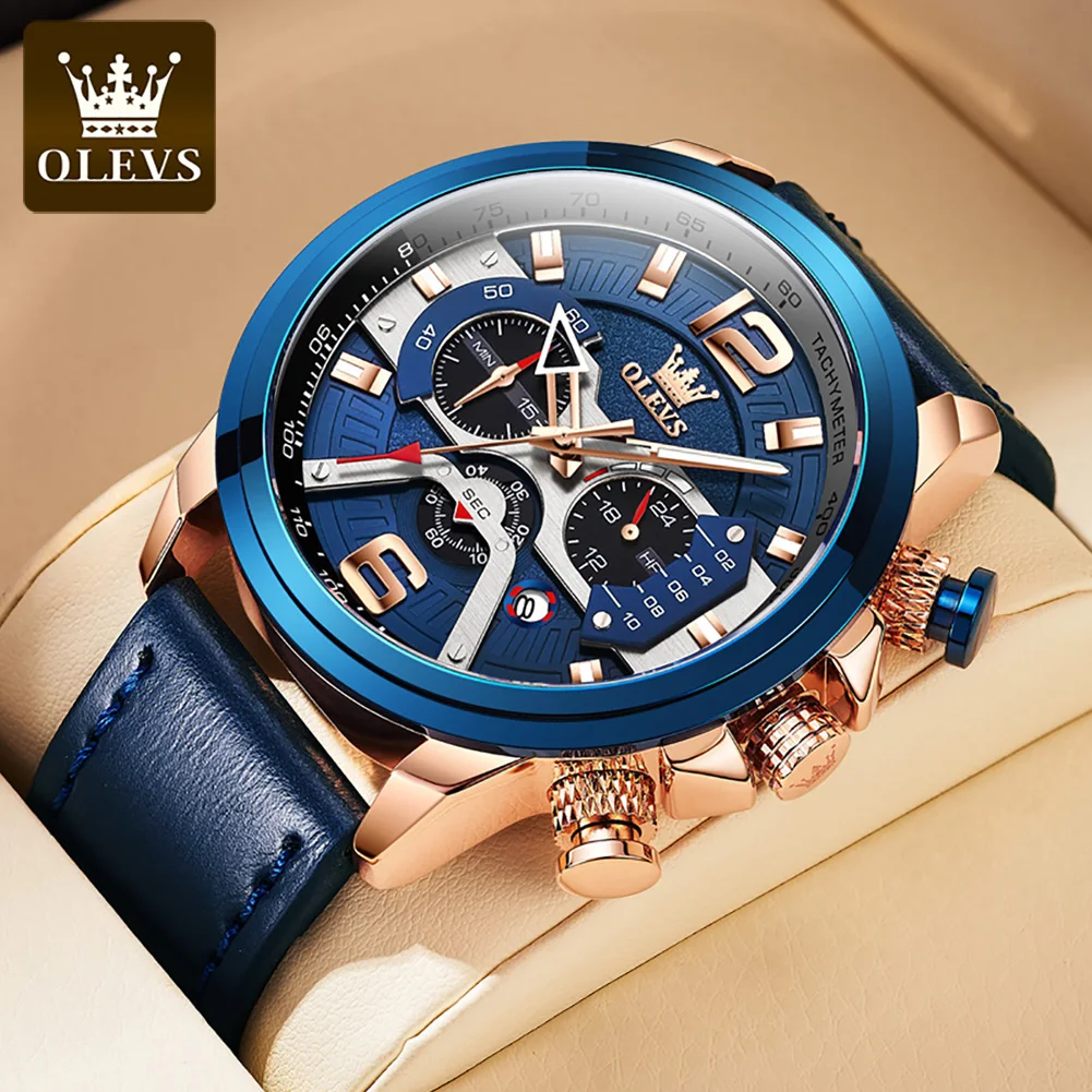 

OLEVS Genuine Leather Strap Multifunctional Large Dial Hot Style Men Wristwatches Waterproof Fashion Quartz Watch for Men