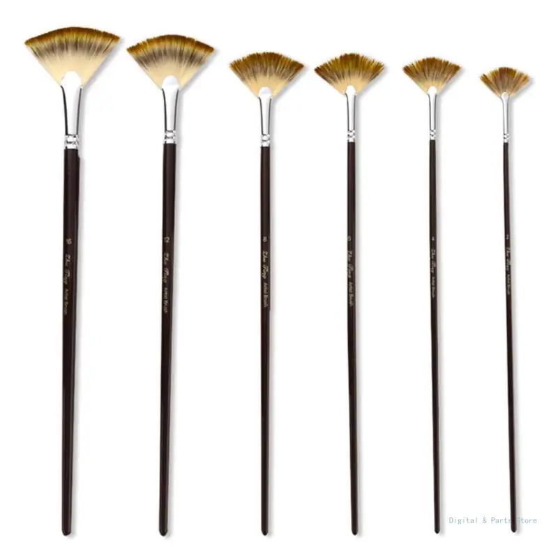 

M17F 6pcs/set Nylon Hair Wooden Handle Fan Shape Watercolor Paint Brush Pen Painting
