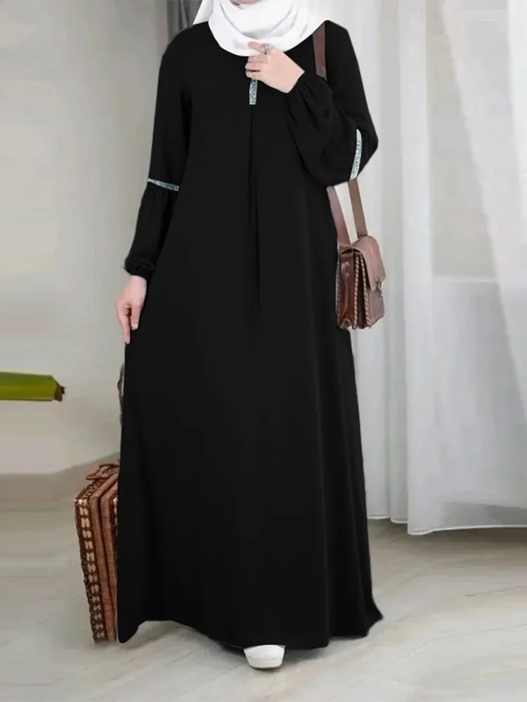 Fashion Muslim Abaya Moroccan Casual Sequins Dress Women Sundress Solid Party Holiday Vestido Long Sleeve Islamic Clothing Eid