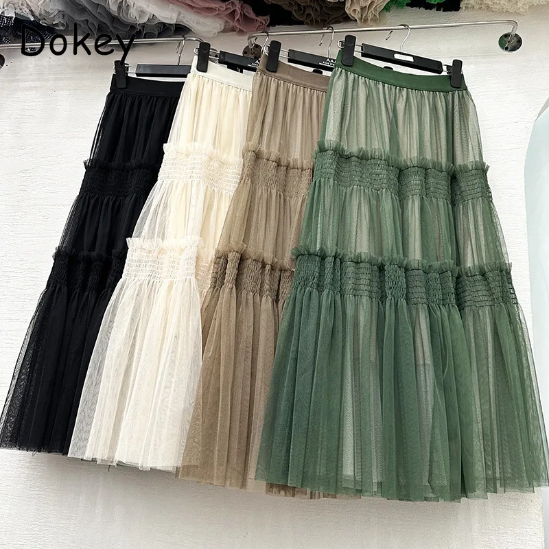 

Винтажная зеленая Женская юбка в стиле пэчворк, летняя Волшебная плиссированная юбка с высокой талией, Женская Корейская элегантная сетчатая юбка-пачка
