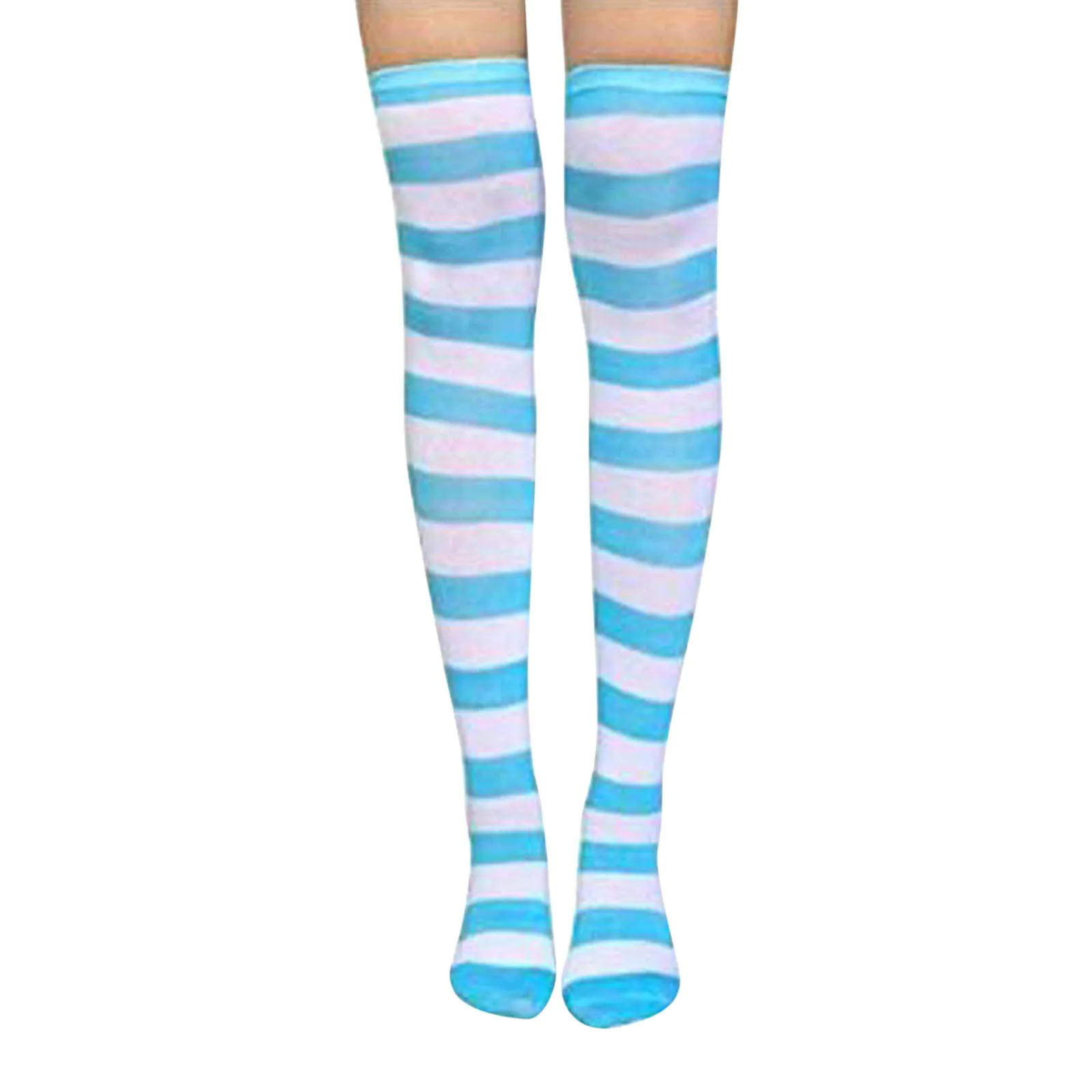 Фото Длинные милые обтягивающие аниме чулки выше колена в полоску розовые синие белые