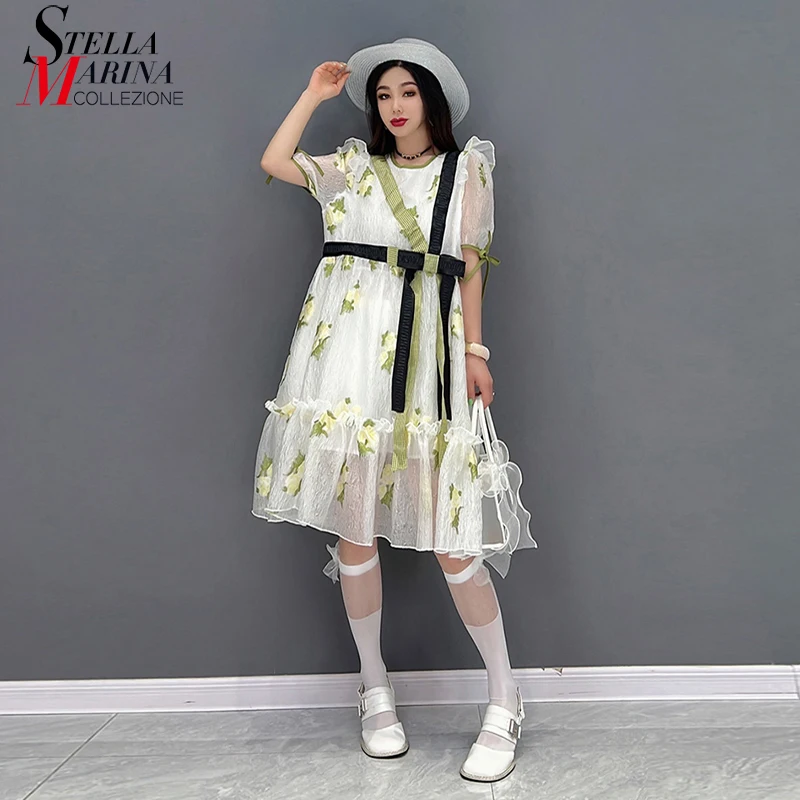 

Новое модное летнее Сетчатое платье средней длины в европейском стиле с подкладом и поясом для девочек, милое праздничное свободное платье ...