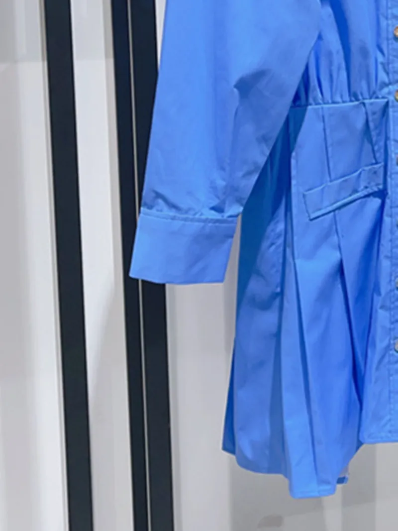 

Женское однобортное Плиссированное Платье-рубашка, Новинка лета 2023, женское универсальное мини-платье с отложным воротником и длинным рукавом, высокой талией