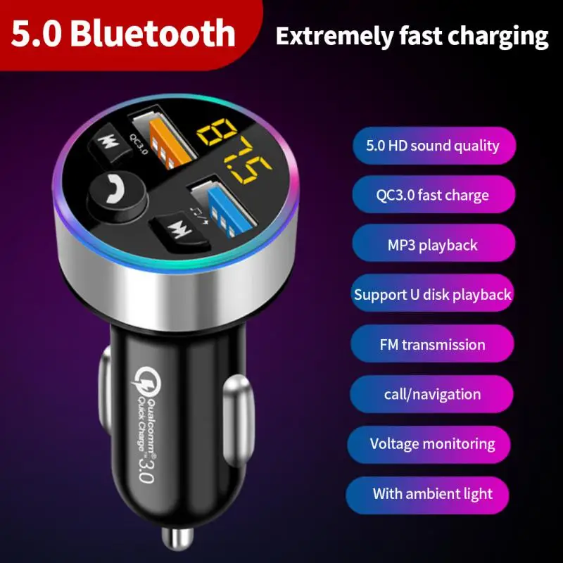 Car Bluetooth 5.0 FM Transmitter Digital Display Dual USB Multifunctional Fast Charger  Auto MP3 Player Car Accessories