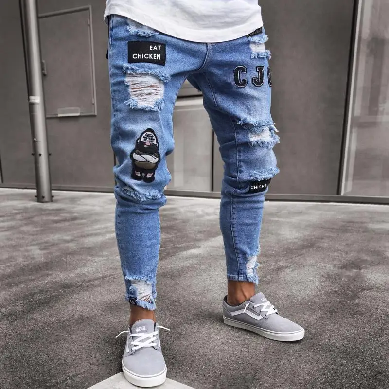 QXIUIXP Men's Skinny Jeans Ripped Pencil Pants Men Casual Holes Denim Trousers 2022 Teen's Hip Hop Print Bodycon Denim Pants 3XL