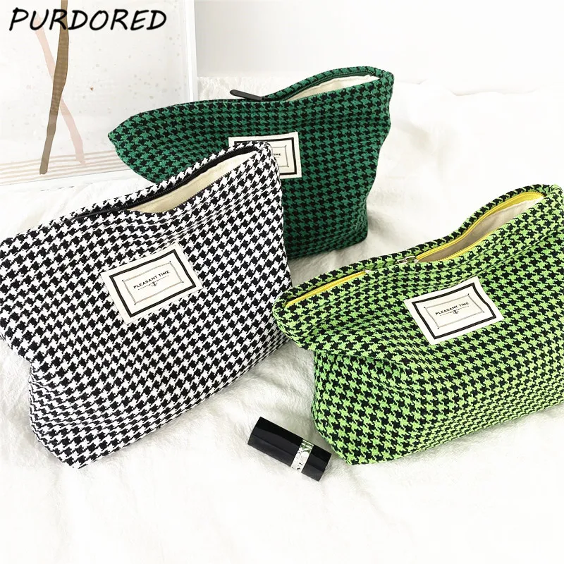 

PURDORED 1 Pc Women Houndstooth Cosmetic Bag Zipper Travel Makeup Bag Large Classical Beauty Case Storage Organizer Pouch