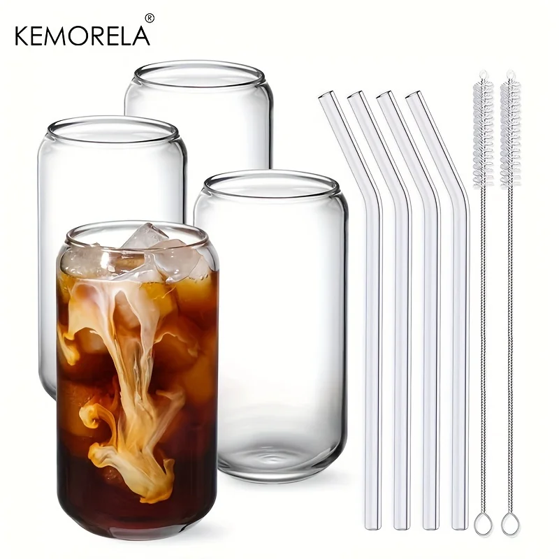 

KEMORELA, 4 шт., стеклянные чашки с крышками и соломинками