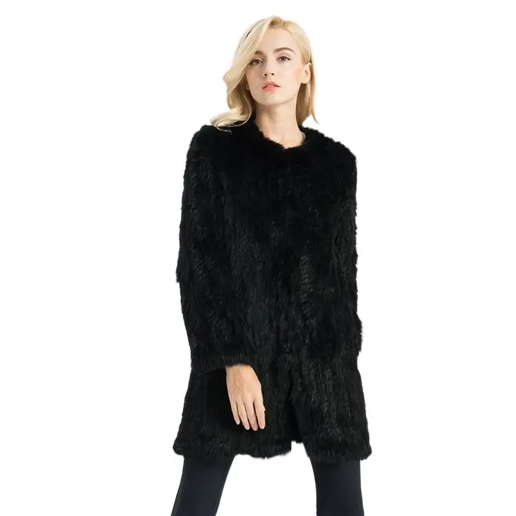 Knitted Ladies Real Fur Jacket Women Genuine Rabbit Fur Long Solid Coats Winter Female Warm Thicken Pocket Hairy Overcoats