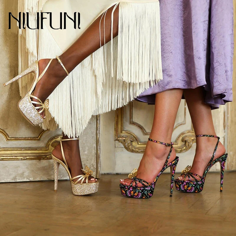 

NIUFUNI Summer Peep Toe Sequins Metal Bow Platforms Women's Sandals 16CM Stiletto Solid Color Fashion Gladiator Shoes High Heels