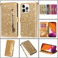 fashion glitter leather flip phone case for iphone 14 13 12 11 pro max 8 7 6s plus xs xr se zipper wallet shockproof stand cover