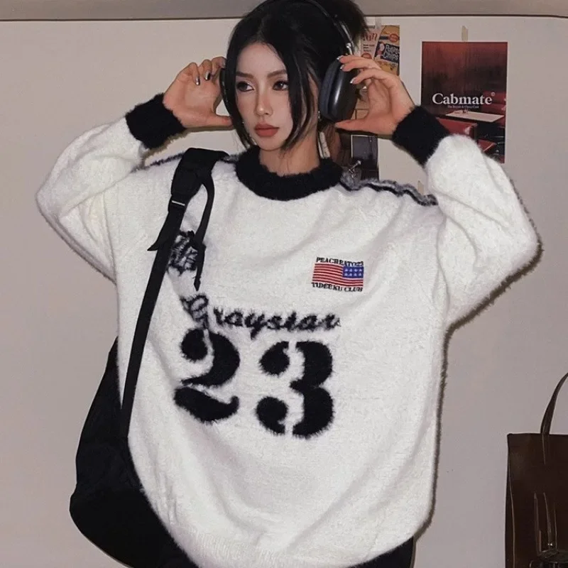 Модный американский стиль жаккардовый ангорский свитер с круглым вырезом для