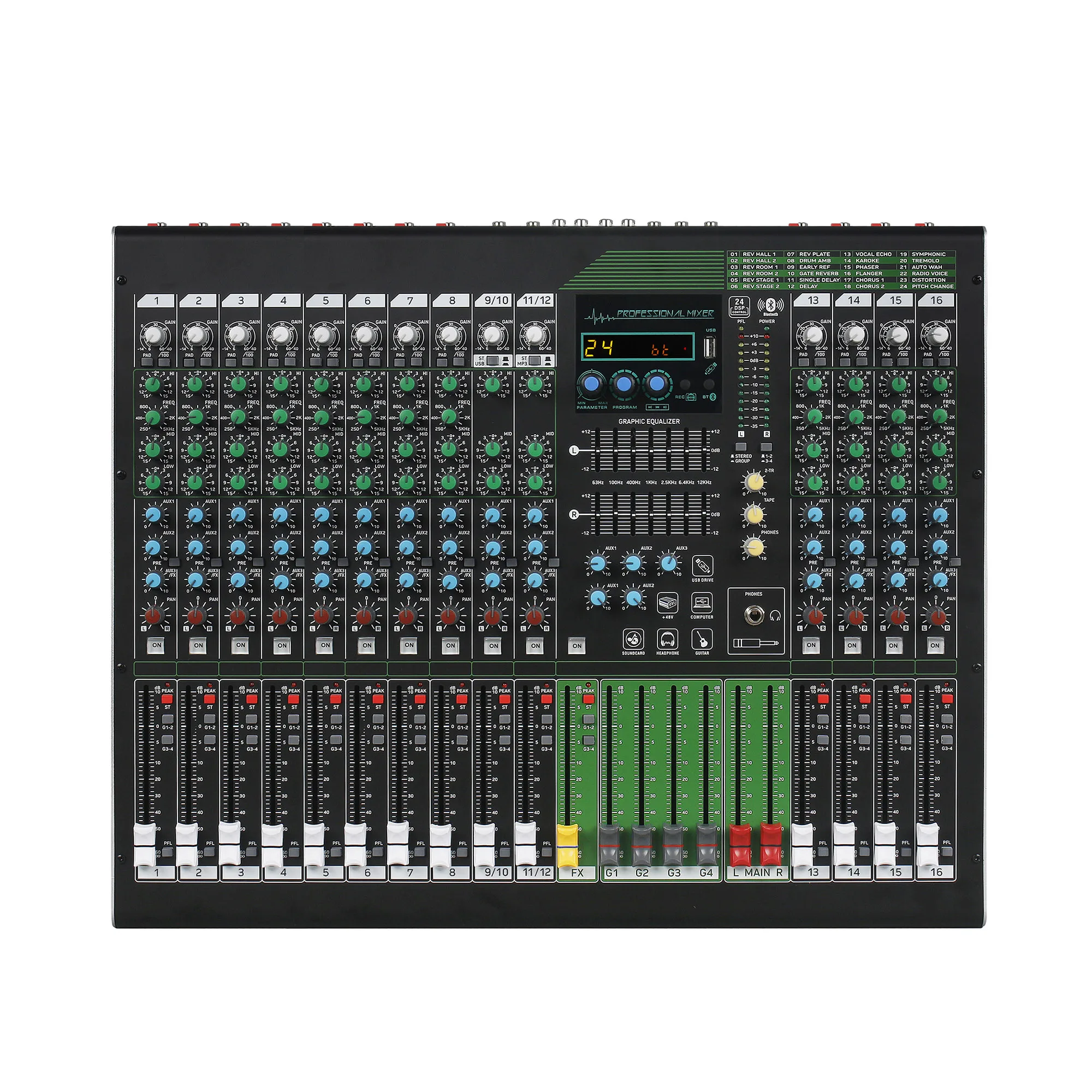 

24-канальный аудиомикшер, профессиональное смешивание Consola De Audio DJ Mikser Bluetooth + 48 В эквалайзер, музыкальные инструменты