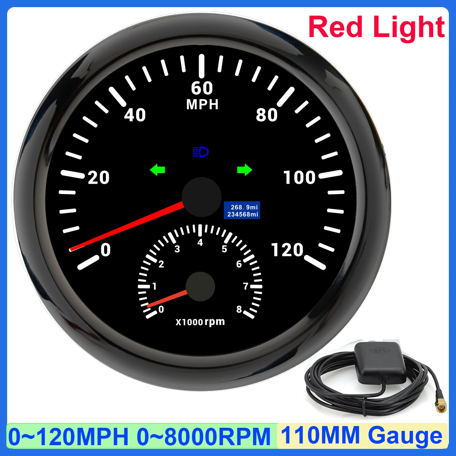 

2 в 1, датчик 110 мм, 120 км/ч, 200 км/ч, GPS-спидометр + тахометр, указатель поворота 0 ~ 8000 об/мин с GPS-антенной, пробег, автомобиль, лодка, заказ