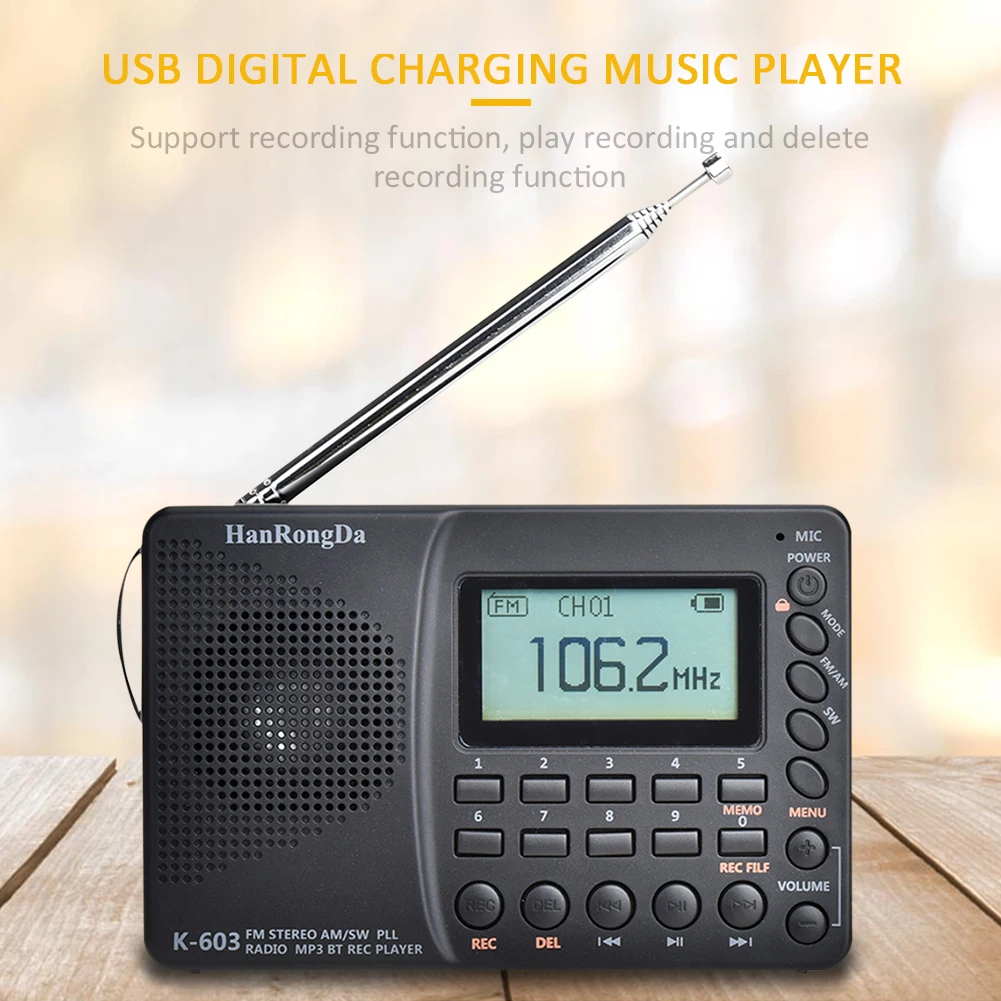 Портативное цифровое радио AM/FM/SW/BT/TF карманное USB MP3 цифровой рекордер поддержка