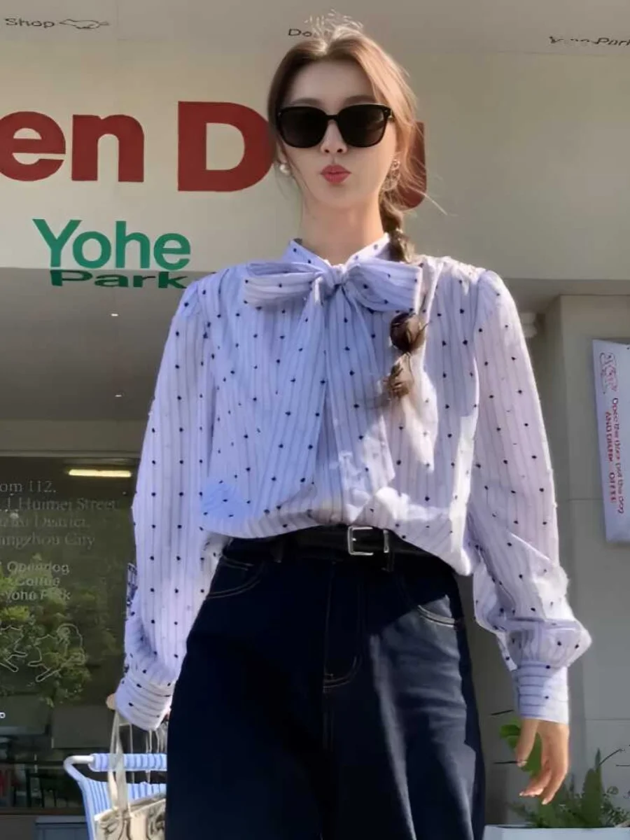French sle Blue Shirts Women 2024 Autumn New Design Sense Bow Lace-up Polka Dot Shirt Stripe Top