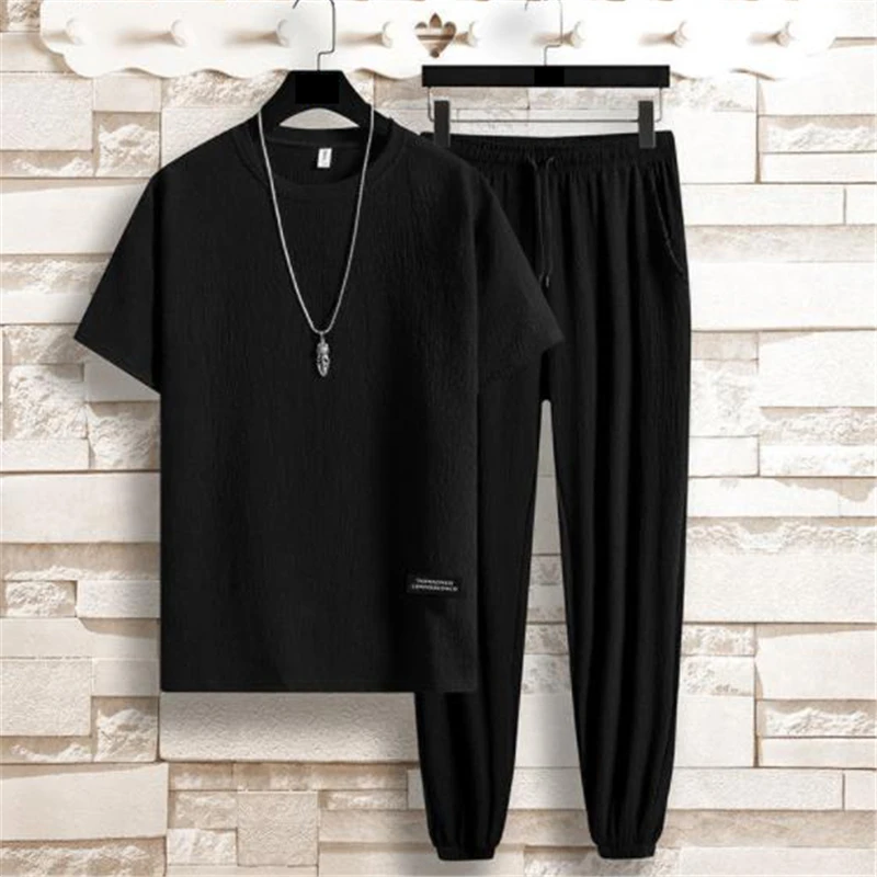 

Summer Men Fashion Two Piece Sets Comfort Cool Ice Silk Sport Suit Short Sleeve Tops Casual Elastic Waist Loose Pants Plus Size