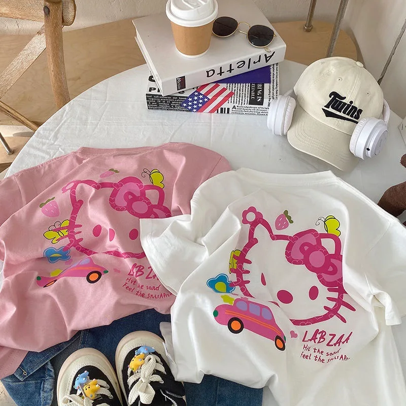 

Kawaii Sanrios T-Shirt Cute Hellow Kittys Cartoon Wild Loose Printed Cotton Short-Sleeved Clothing for Girls Gifts Birthday